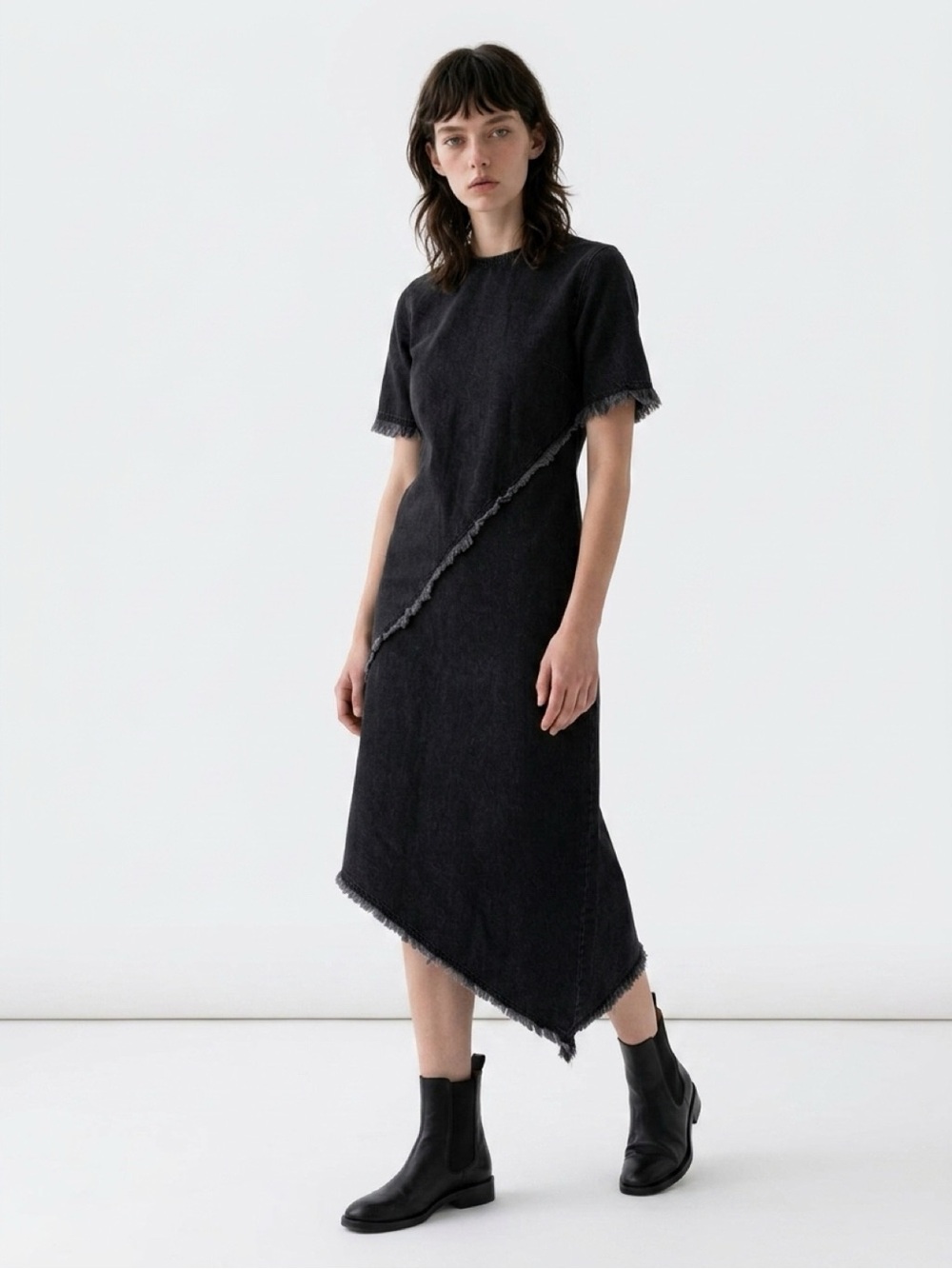 Topshop Boutique Black Washed Denim Asymmetrical Midi Dress US 4 Raw Fringe Hem